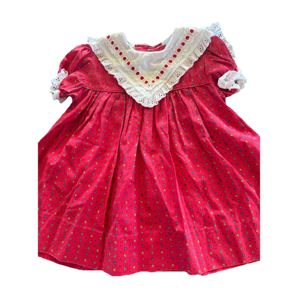 Polly Flinders Dress Vintage Red Bib Sailor Collar Lace Short Sleeve 24 Months